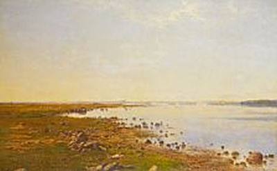 "Fra Issefjorden, motivet taget fra Eskildsø, i Baggrunden Roskilde Domkirke"