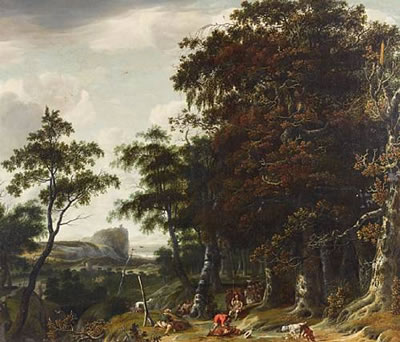Sportsmen in a wooded landscape with a castle on a promontory in the distance by Jan Looten - Auction record, sale price, and art valuation. Compare with similar artists and explore comparable artworks.
