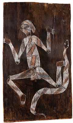The Myth of Luma Luma 1. Luma Luma, with spear and dilly bag, sets out on his journey,2. Luma Luma hunting, accompanied by Ngalyod, the rainbow serpent, 3. Luma Luma delivers the lae to the Gunwinggu, 4. Luma Luma performs the sacred "Mareiin" dances,