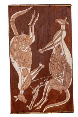 Two Kangaroos and Mimih Hunter by Dick Nguleingulei Murramurra - Auction record, sale price, and art valuation. Compare with similar artists and explore comparable artworks.