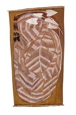 Ngalyod with Waterlily Headdress by James Iyuna - Auction record, sale price, and art valuation. Compare with similar artists and explore comparable artworks.