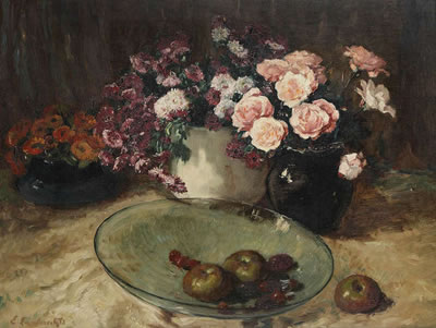 Still life with flowers and fruit bowl. by Emile Lambrechts - Auction record, sale price, and art valuation. Compare with similar artists and explore comparable artworks.
