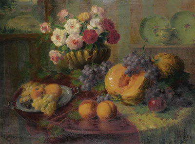 Still life with flowers, grapes and melon.