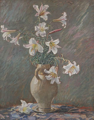 Lillies in a stoneware jug. by Jules Severin - Auction record, sale price, and art valuation. Compare with similar artists and explore comparable artworks.