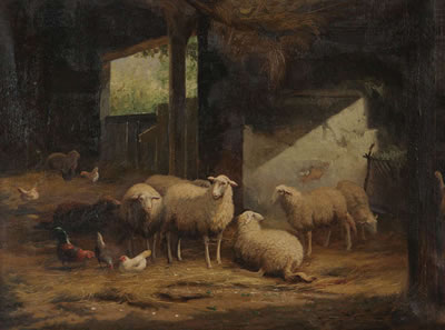 Stable with sheep and chicken.