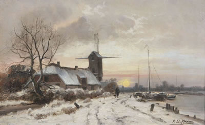 Hunter with dog near windmill in winter landscape
