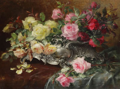 Still life with roses in a silver bowl