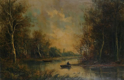 Sous-bois avec rivière et moulin à vent à l'arrière-plan