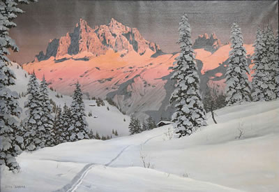Paysage montagneux en hiver au coucher de soleil