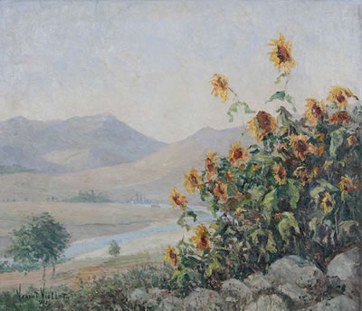 Zuiders berglandschap met zonnebloemen voor rivier.