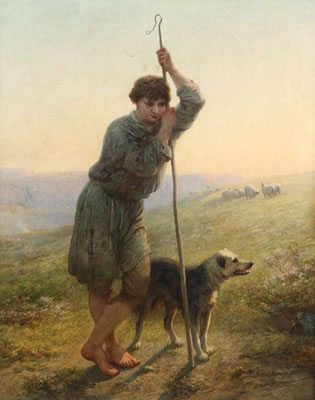 Young shepherd with dog and sheep on an English cliff at sunset