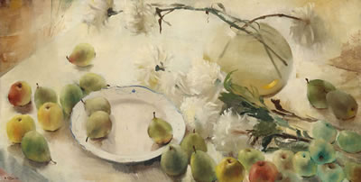 Still life with apples, pears and flowers on a table