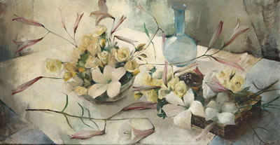 Still life with yellow roses and lillies on a table