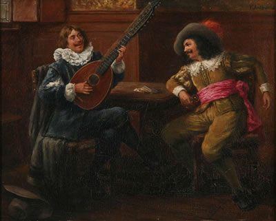 Interior with 17th century lute player and drinker