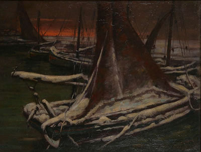 Sloops under the snow at sunset by Jan Maes - Auction record, sale price, and art valuation. Compare with similar artists and explore comparable artworks.