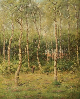 Wood gatherers in a birch wood.
