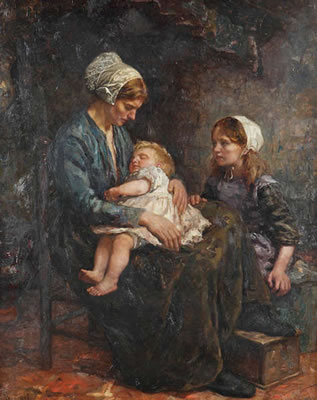Domestic scene with mother and children.