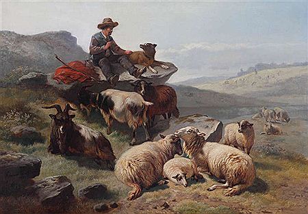 Heuvelachtig landschap met rustende schapenhoeder