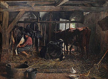 Boerin aan het werk in de stal