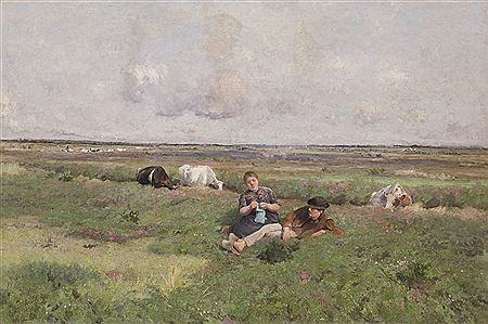 Weids landschap met koppel, rustend in het veld, en koeien in de sloot by Florent Crabeels - Auction record, sale price, and art valuation. Compare with similar artists and explore comparable artworks.