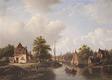 Hollands rivierlandschap met huizen aan het water en personages in sloep