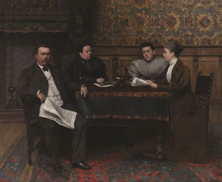 Portrait d'une famille à table dans un intérieur bourgeois.