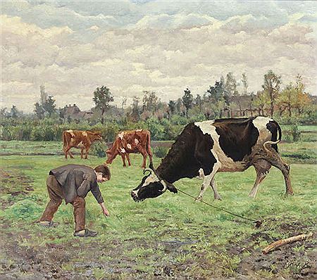 Little boy with cows in the pasture