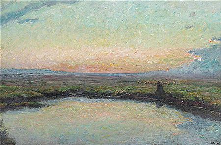 Rustende schapenhoeder bij valavond by Alois De Laet - Auction record, sale price, and art valuation. Compare with similar artists and explore comparable artworks.