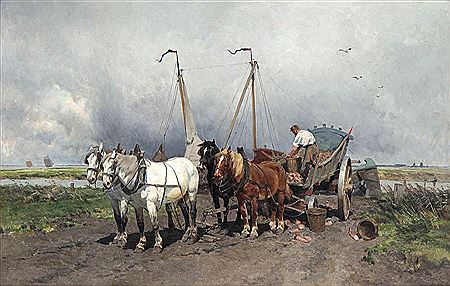 Boer aan het werk op een vierspan met suikerbiet beladen