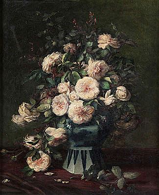 Stilleven met witte rozen in Delftse vaas
