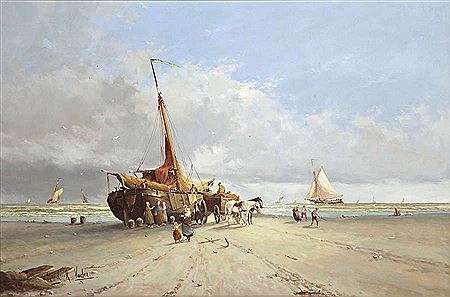 Vissers bij sloepen op het strand