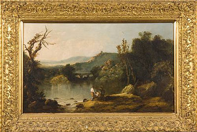 Figures beside the river Dee with extensive landscape beyond