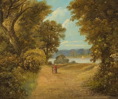 Figures on a river path