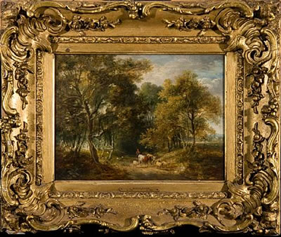 A drover with cattle and sheep in a country lane
