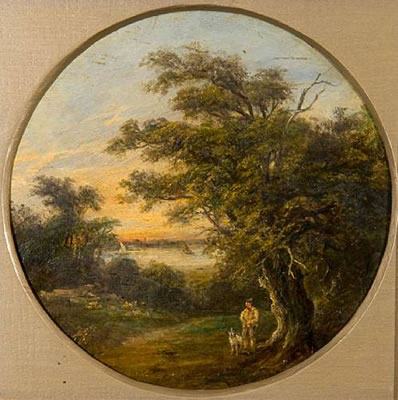 Man and dog beside a river, possibly The Orwell; The log drag, a pair