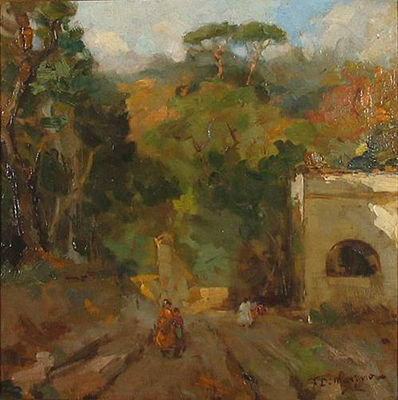 An Italian country scene with figures on a path