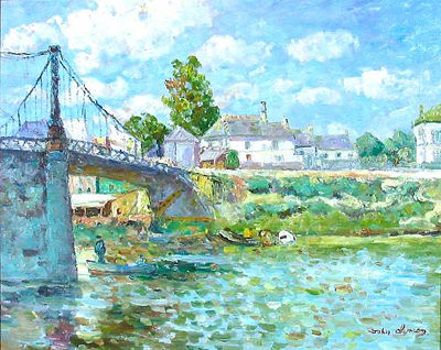 A Town View along a River with a Bridge