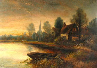 An English river landscape with a church in the distance; An English river landscape with thatched cottages (a pair)