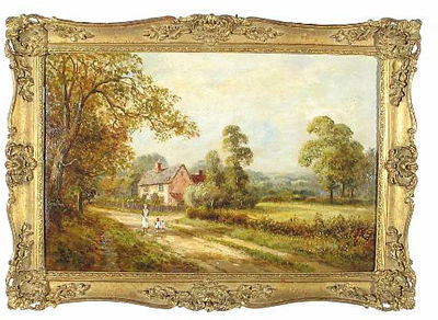 A landscape with a cottage in the distance and figures on a path