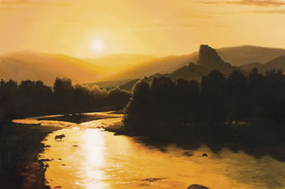 Sample artwork by Reid Christie (Born 1951), known for western genre, animal, landscape painting, emphasis on atmospheric light - View similar artists and auction records