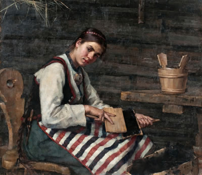 "GIRL CARDING". by Maria Wiik - Auction record, sale price, and art valuation. Compare with similar artists and explore comparable artworks.