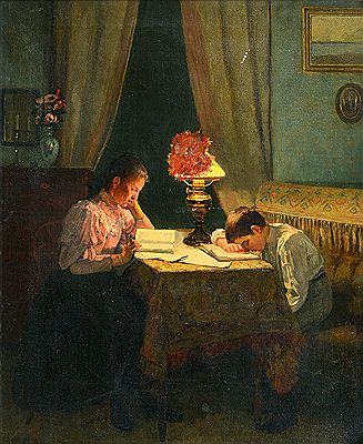 HARD WORKING (BY THE EVENING LAMP) by Arvid Liljelund - Auction record, sale price, and art valuation. Compare with similar artists and explore comparable artworks.