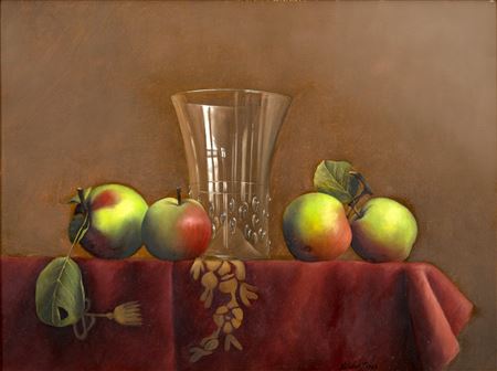 APPLES ON RED CLOTH.