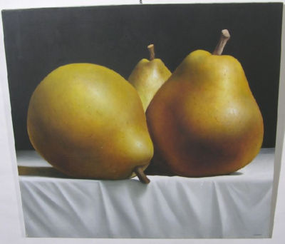 Three Pears on White Linen Tablecloth