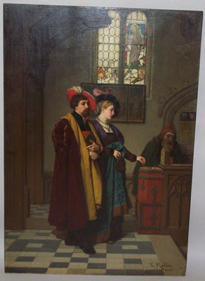 Cathedral interior with noble figures