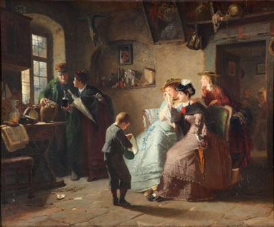 Interior scene with family and merchant