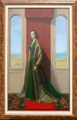 Portrait of a Woman in green velvet dress and embroidered brocade drape