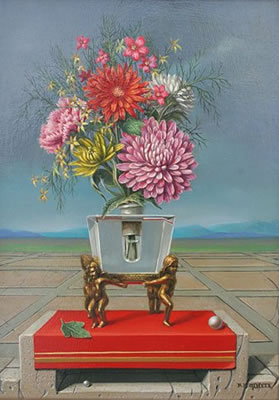 Chrysanthemums in a Crystal Vase with Bronze Cherubs Supports