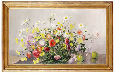 STILLEBEN MED ÄNGSBLOMSTER OCH ÄPPLEN