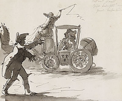 "POSTMÄST. DROUIT GRIPER LUDVIG XVI:DE MED GEMÅL. FERSEN KÖRDE" ("FLYKTEN TILL VARENNES")